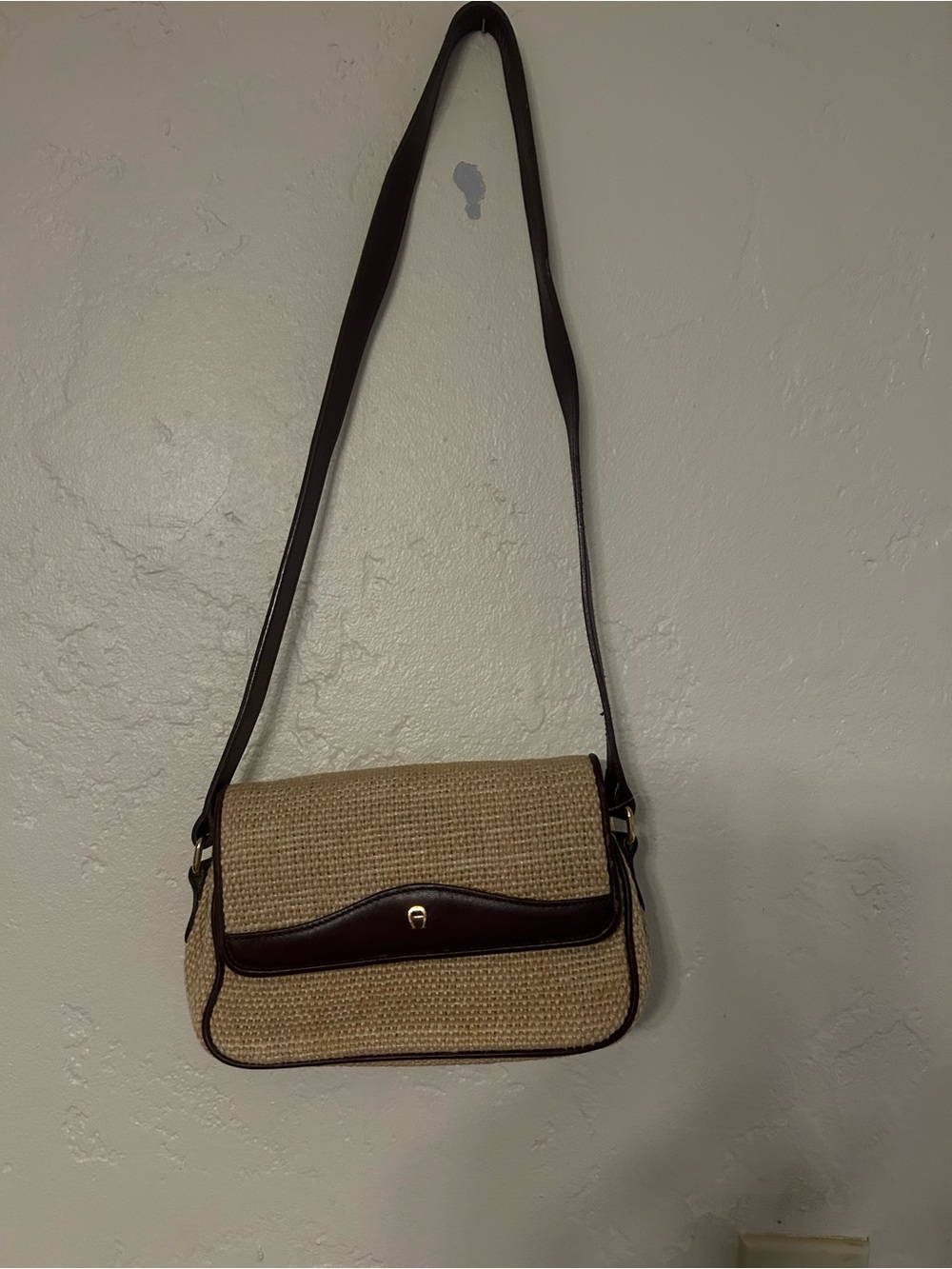 Etienne Aigner Beige Woven Shoulder Bag with Dark Brown Trim